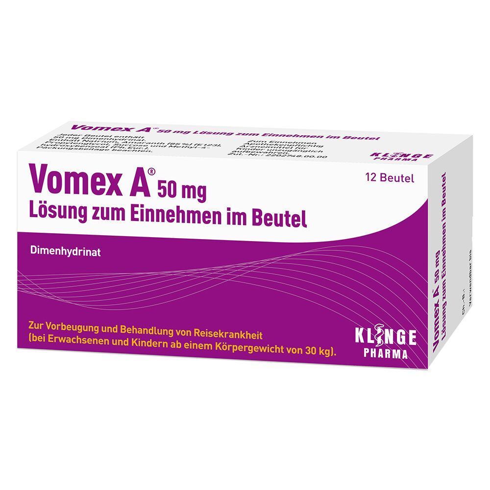 VOMEX A 50 mg Beutel für Unterwegs, 12 Stück. Dimenhydrinat zur Vorbeugung und Behandlung von Reisekrankheit.