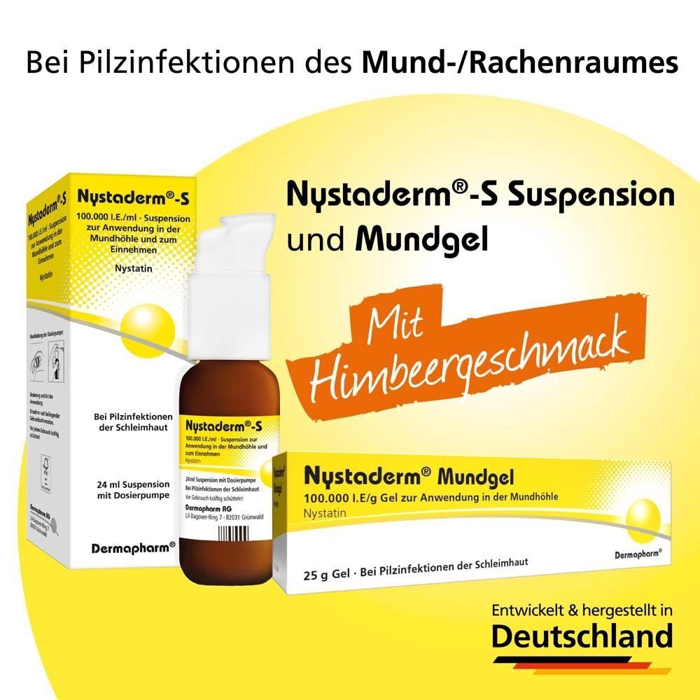 Nystaderm®-S Suspension Flasche und Nystaderm® Mundgel-Packung. Mit Himbeergeschmack. Für Pilzinfektionen im Mundraum.
