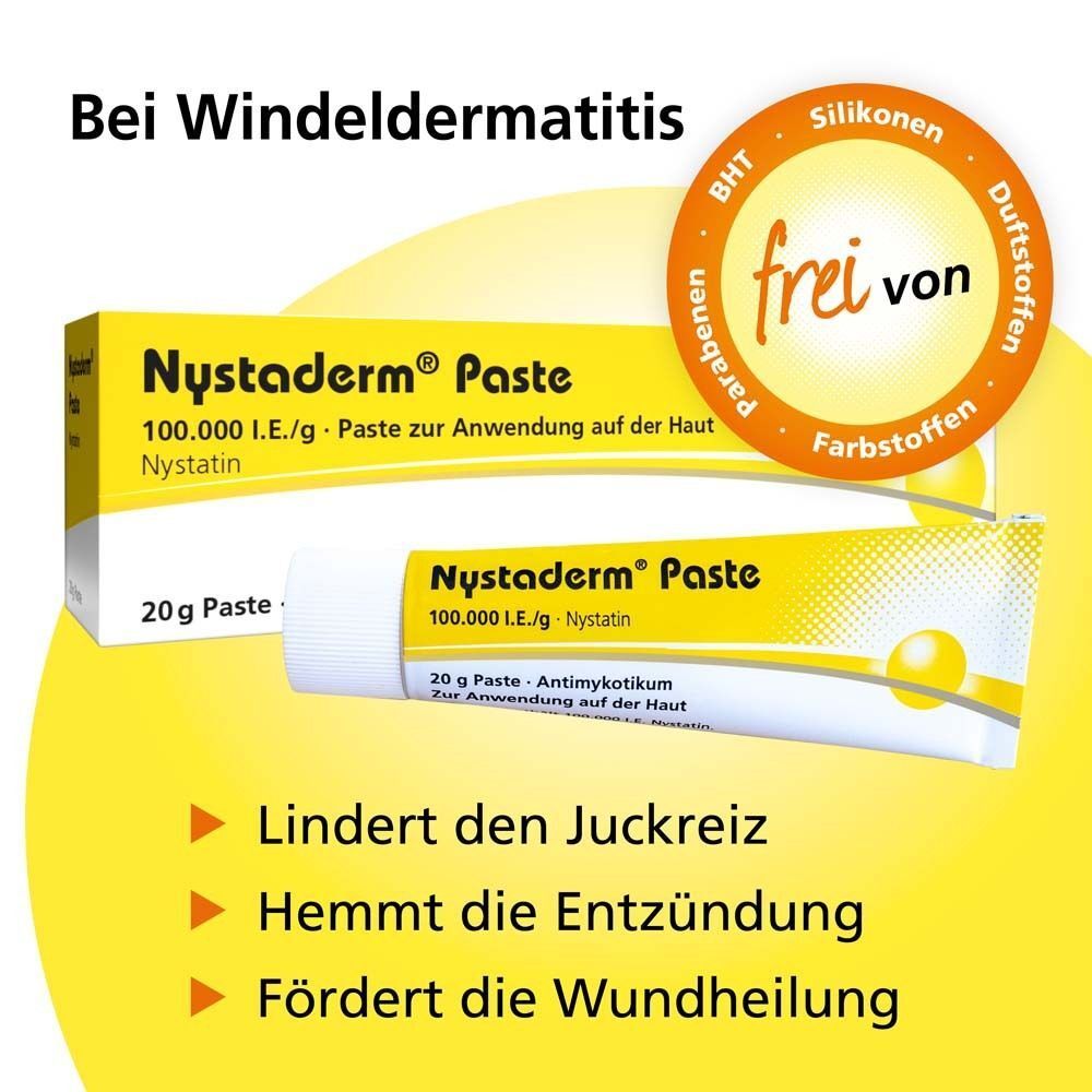 Nystaderm® Paste 20g Packung und Tube. Frei von Silikonen, Duftstoffen, Farbstoffen, Parabenen, BHT. Für Hautpilz.