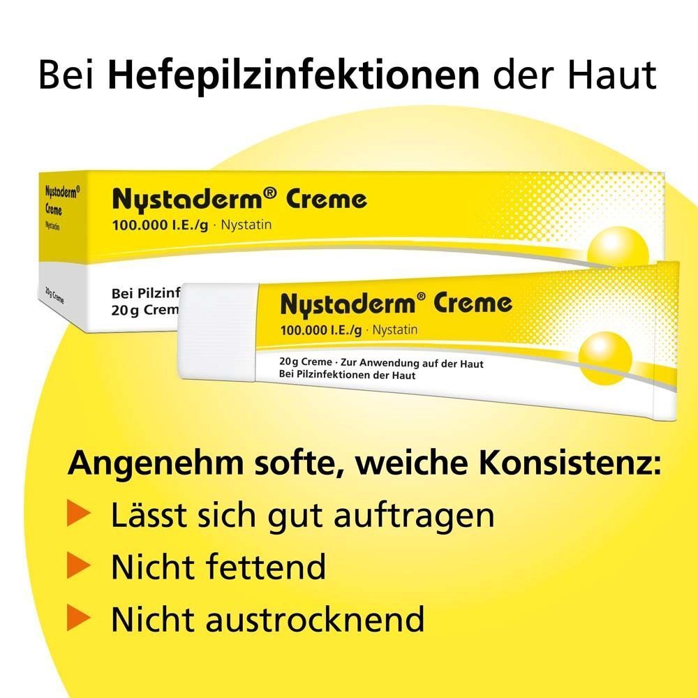 Zwei Packungen Nystaderm® Creme 20g. Angenehm weiche Konsistenz, gut auftragbar, nicht fettend, nicht austrocknend.