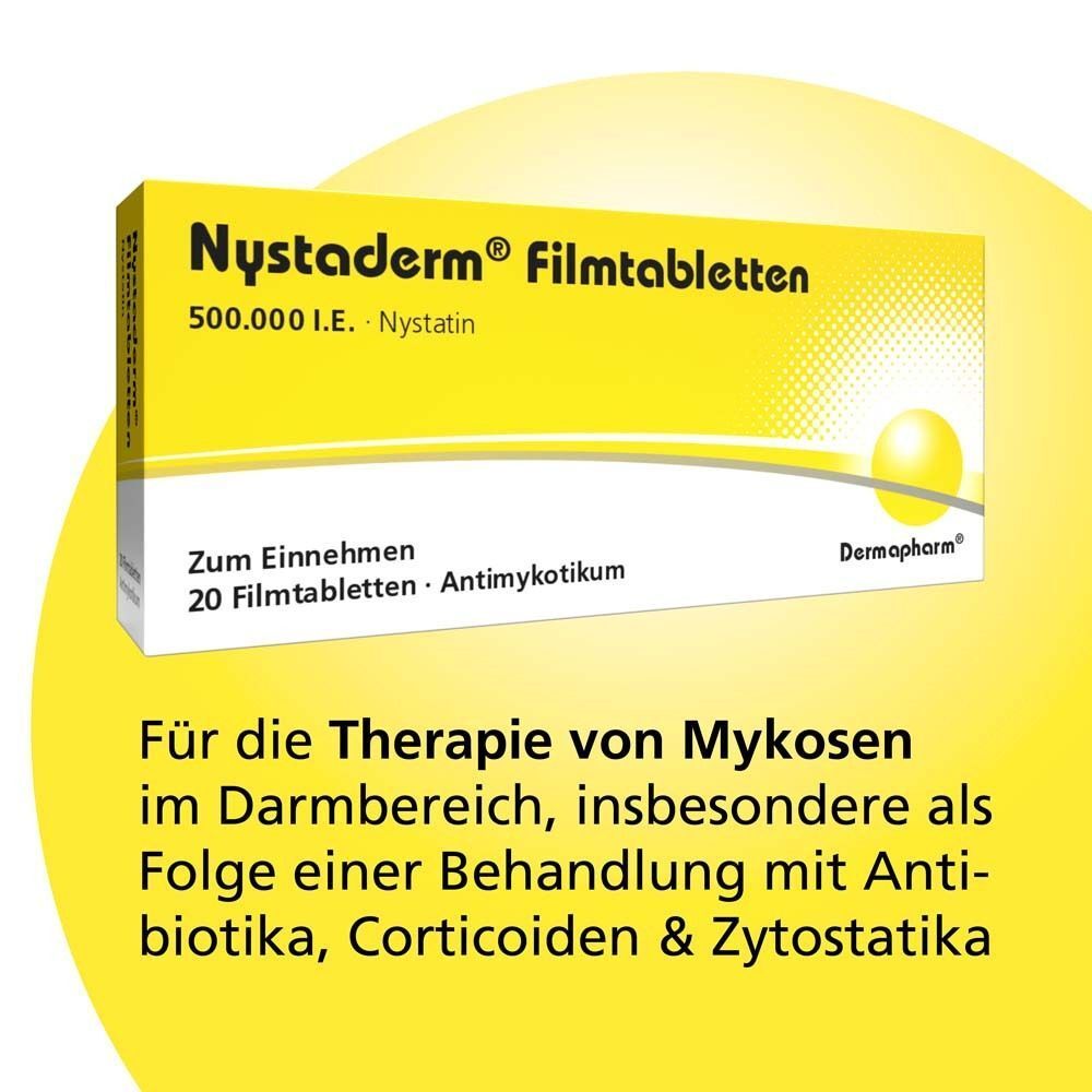 Nystaderm® Filmtabletten 500.000 I.E. Packung für 20 Tabletten. Zur Therapie von Mykosen im Darmbereich.