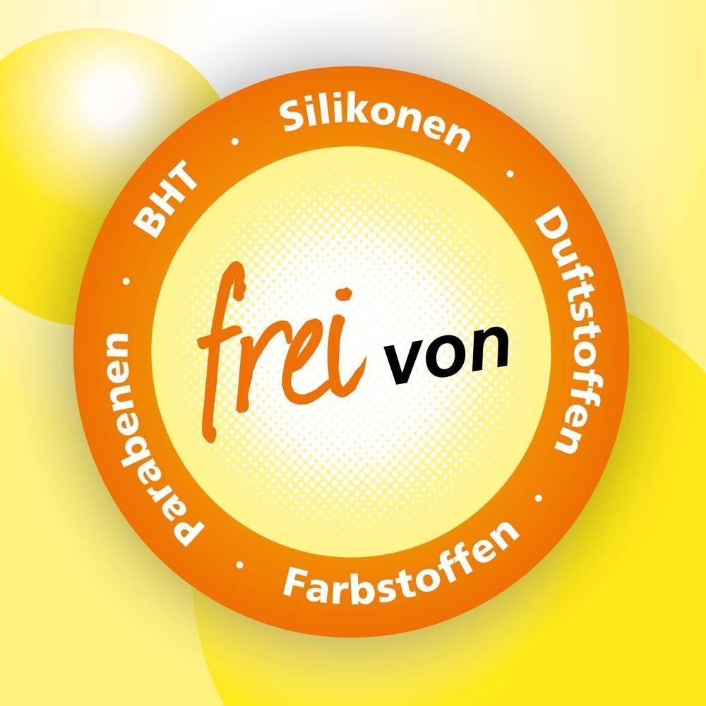 Siegel 'frei von': Silikone, Duftstoffe, Farbstoffe, Parabene, BHT. Für Nystaderm® Produkte.