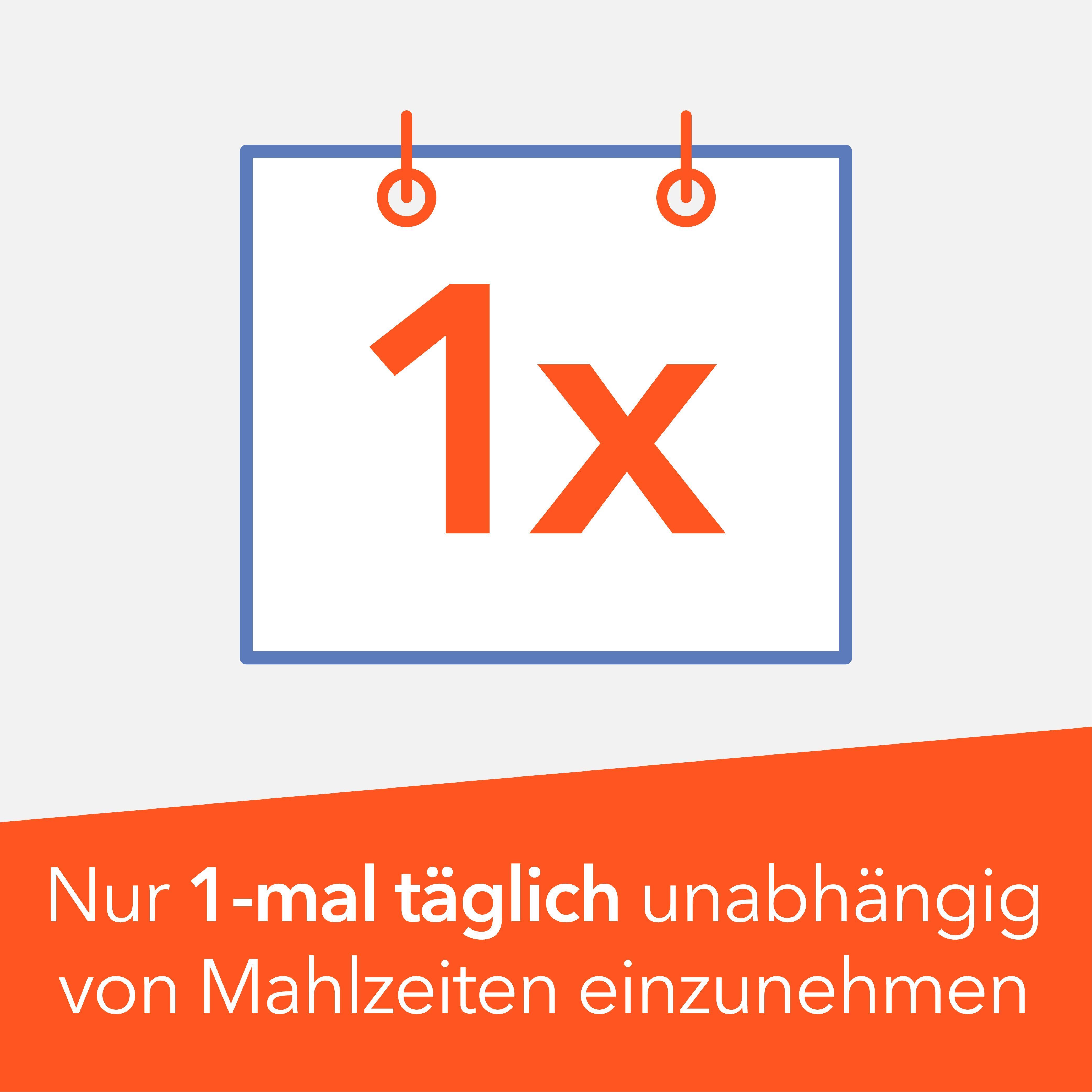 Symbol: Kalenderblatt mit "1x", Einnahme nur 1-mal täglich.