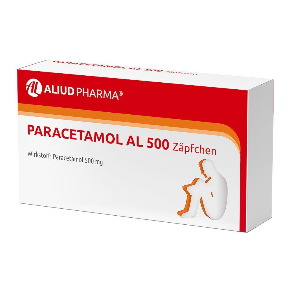 Packung Paracetamol AL 500 Zäpfchen. Rote Verpackung mit weißem Schriftzug und stilisierter Figur, die Schmerzen andeutet.