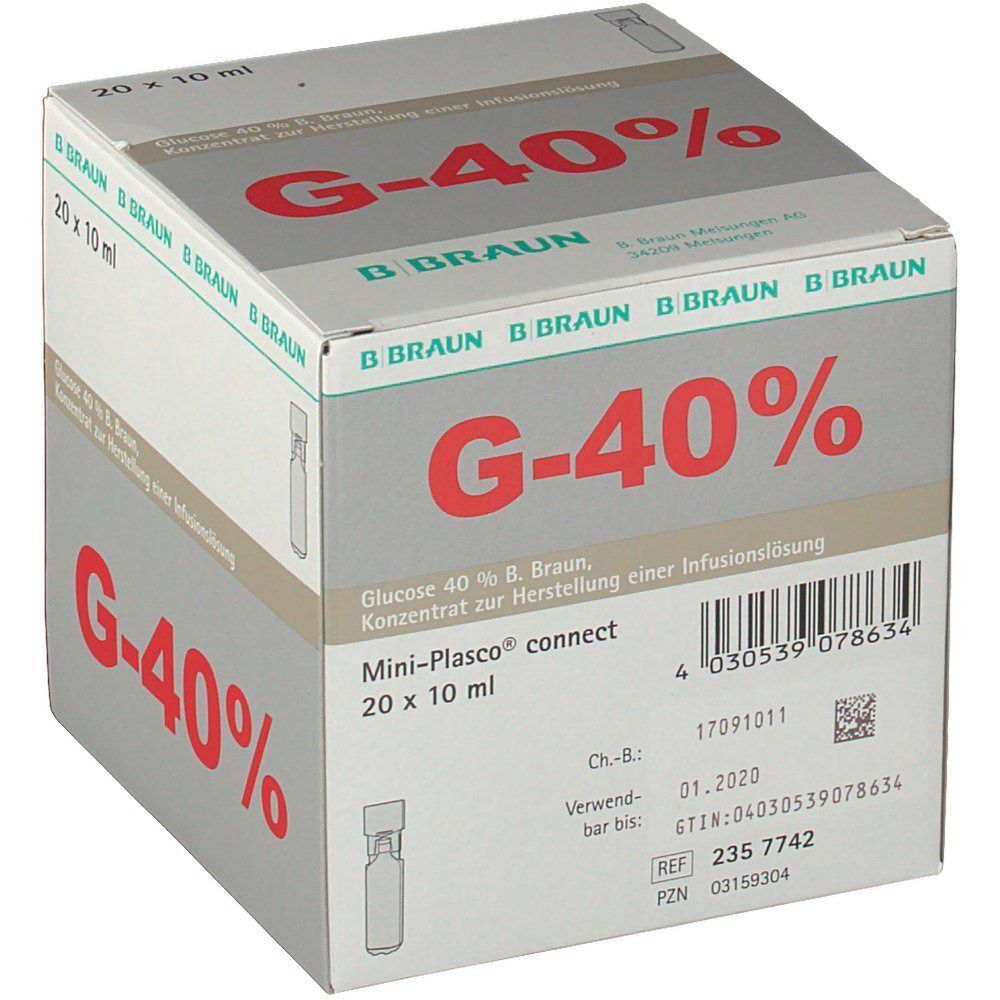 Schachtel Glucose 40 % B. Braun Mini-Plasco®connect, 20 x 10 ml, mit Produktinformationen und Barcode.