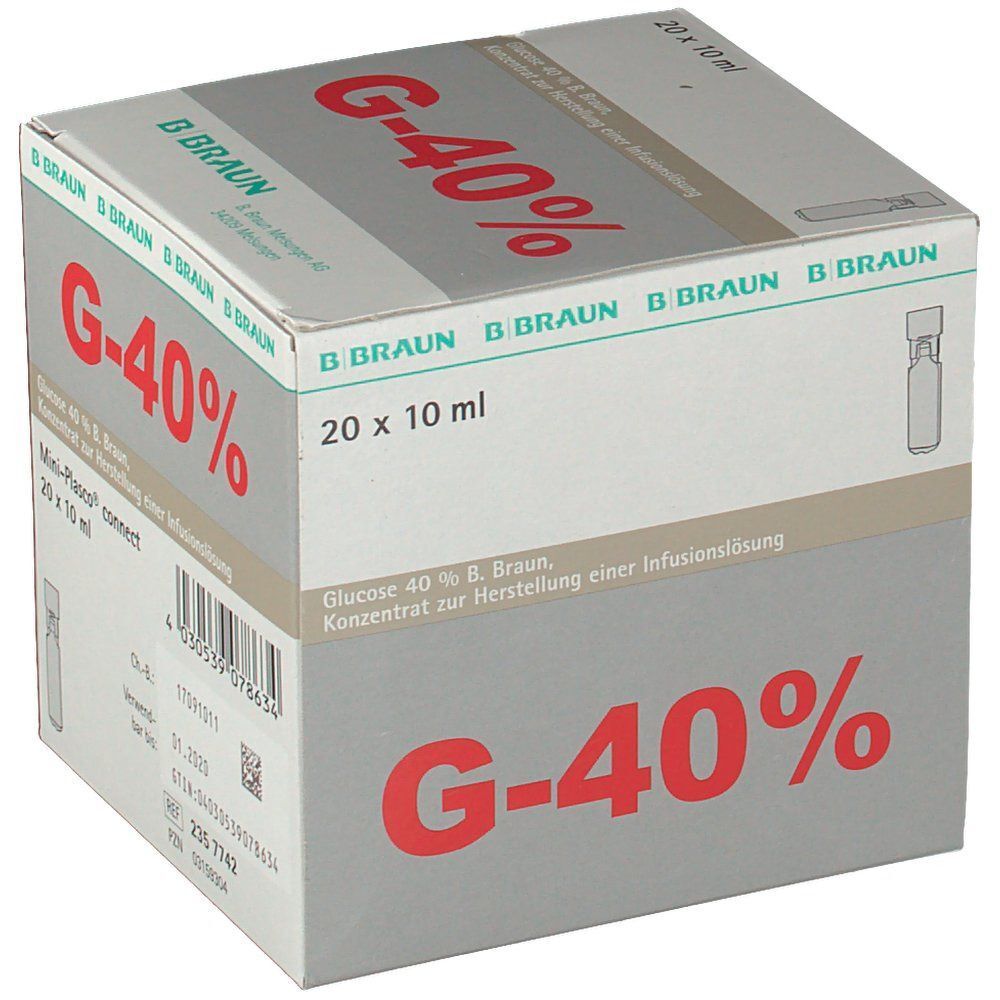Schachtel Glucose 40 % B. Braun Mini-Plasco®connect, 20 x 10 ml, Vorderseite mit Produktinformationen.