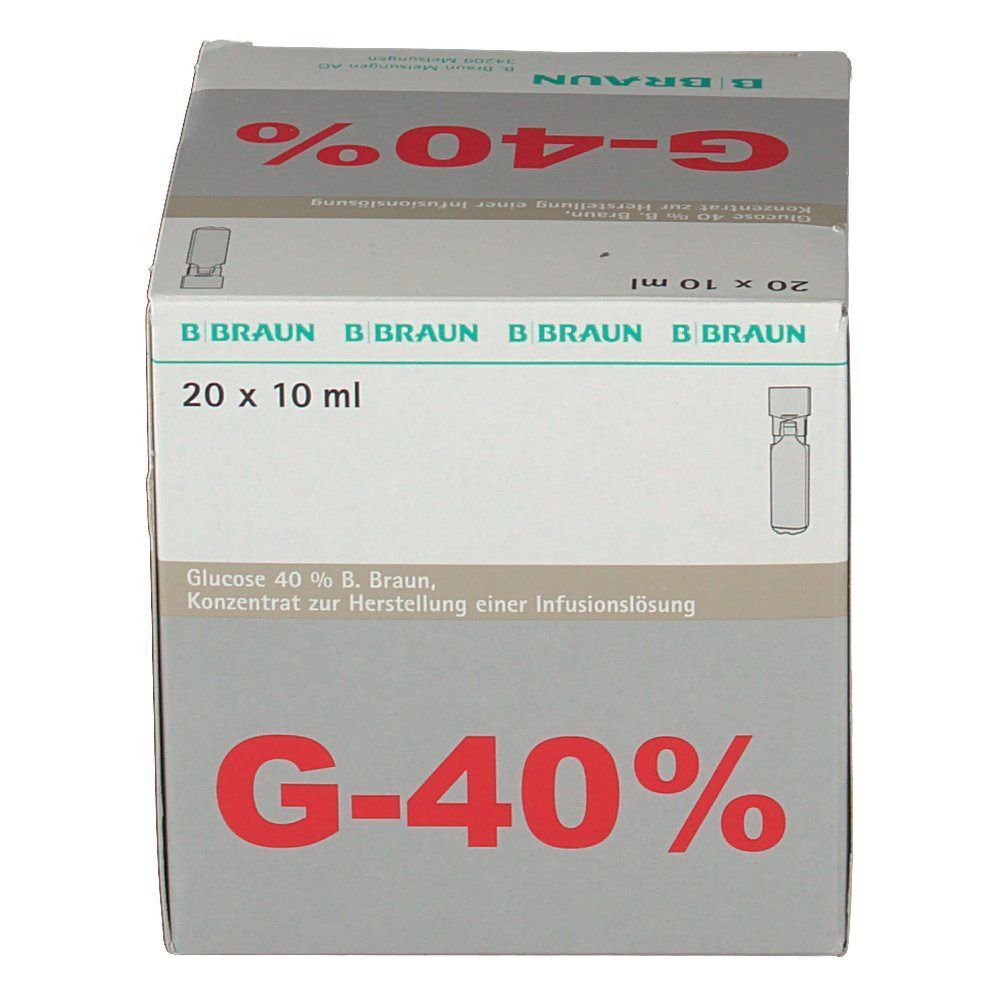 Schachtel Glucose 40 % B. Braun Mini-Plasco®connect, 20 x 10 ml, von der Seite betrachtet.
