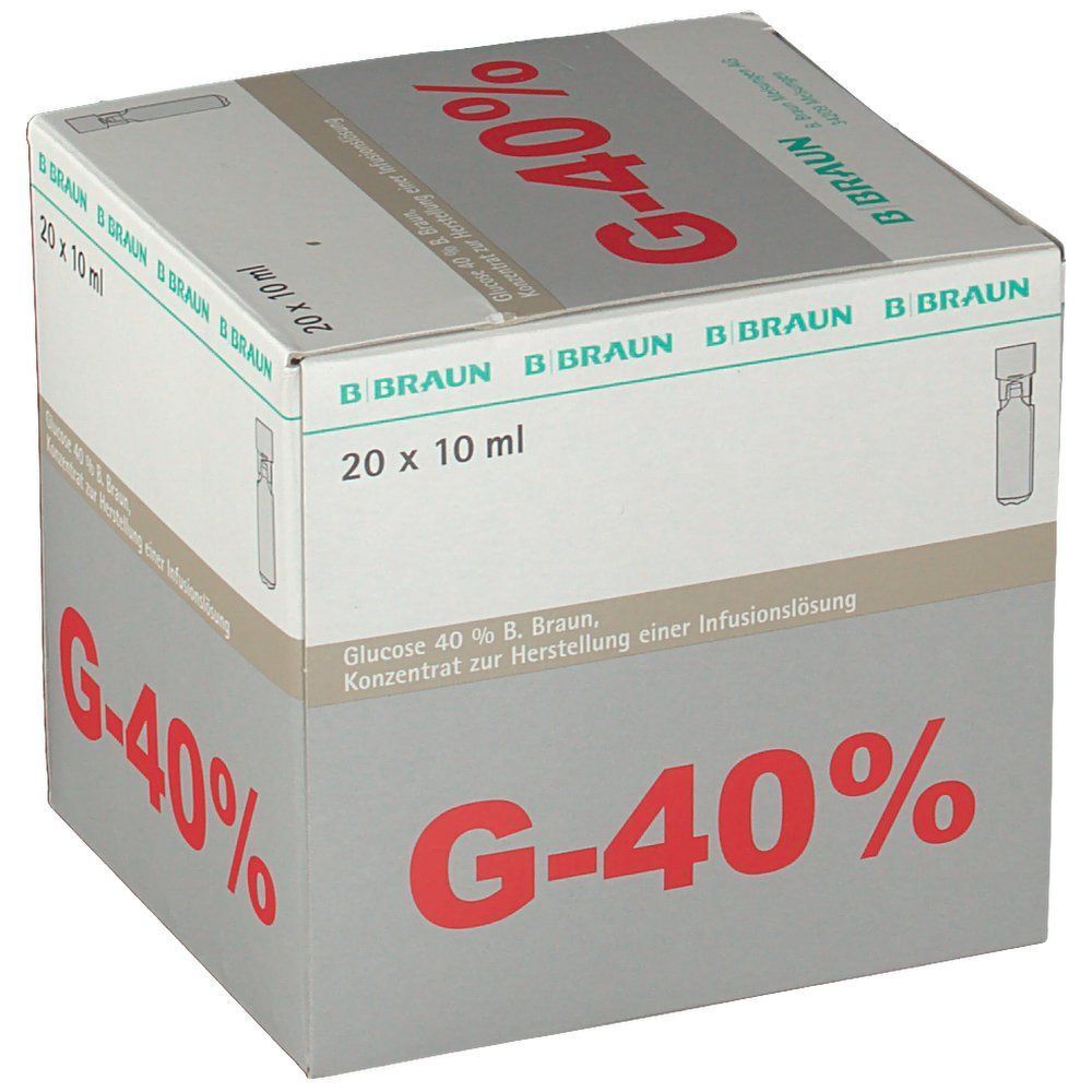 Schachtel Glucose 40 % B. Braun Mini-Plasco®connect, 20 x 10 ml, schräg von vorne betrachtet.