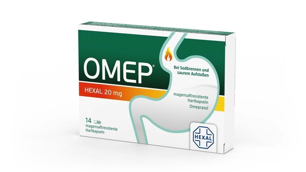 OMEP HEXAL 20 mg Packung mit 14 magensaftresistenten Hartkapseln.