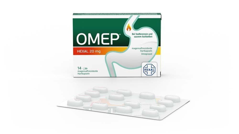 OMEP HEXAL 20 mg Packung und Blister mit 14 magensaftresistenten Hartkapseln.
