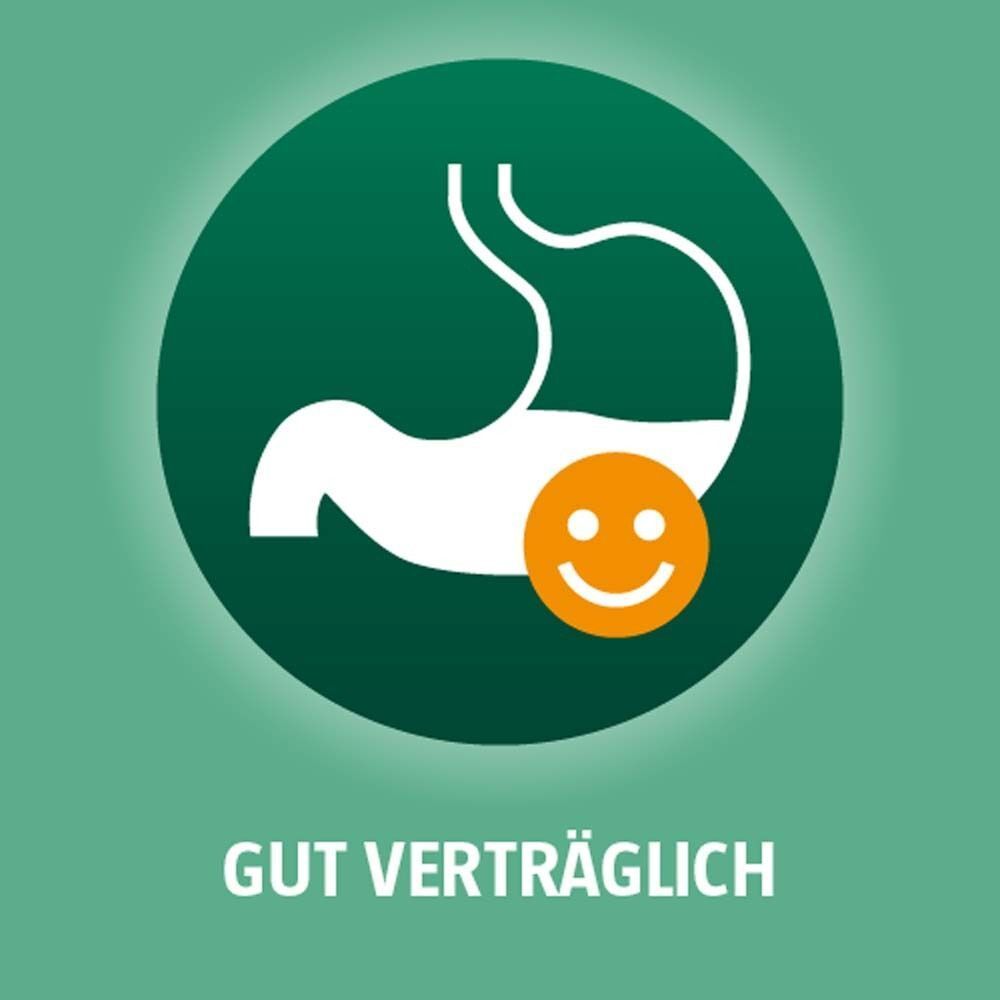 Symbol: Magen mit lächelndem Gesicht, gut verträglich.