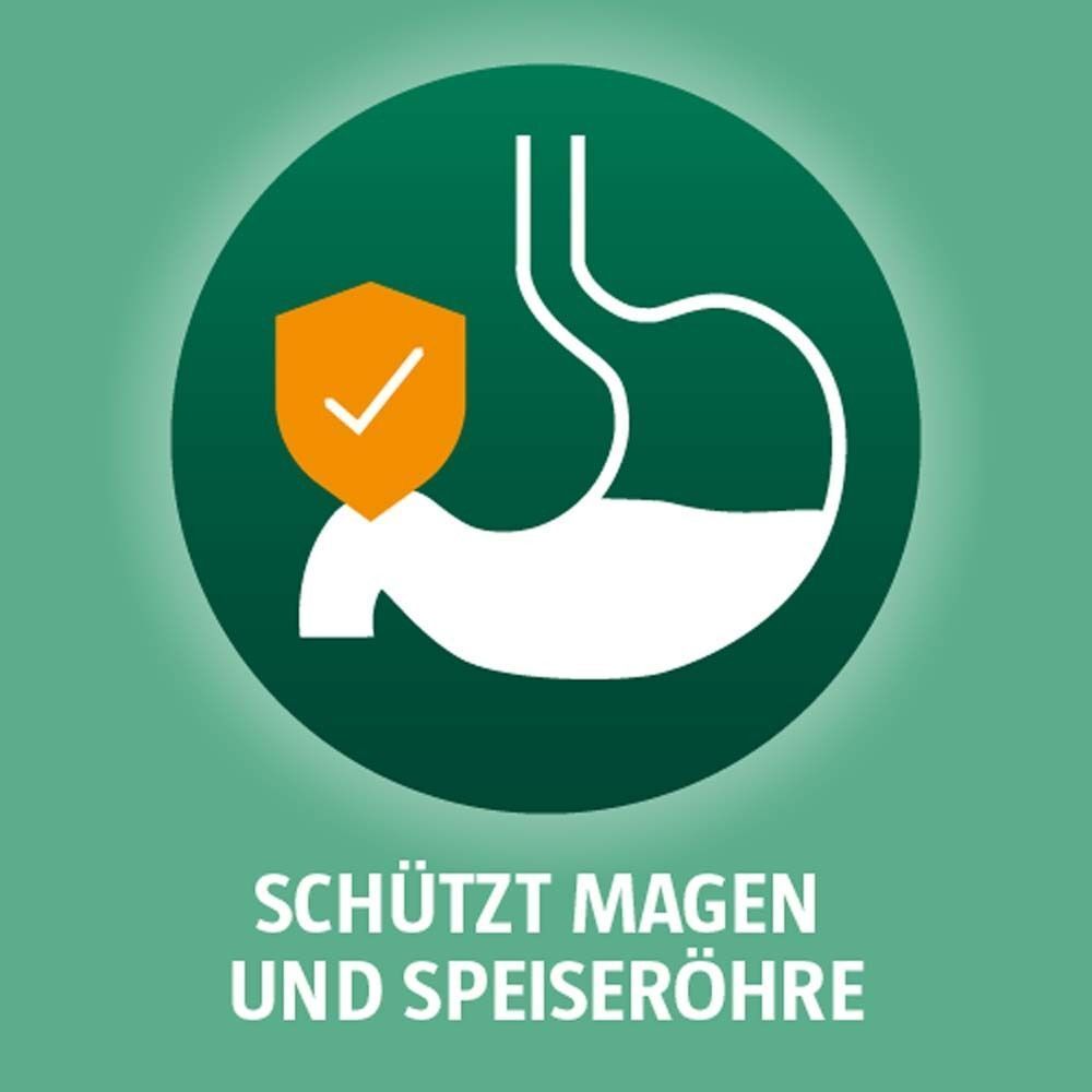 Symbol: Magen mit Schutzschild, schützt Magen und Speiseröhre.