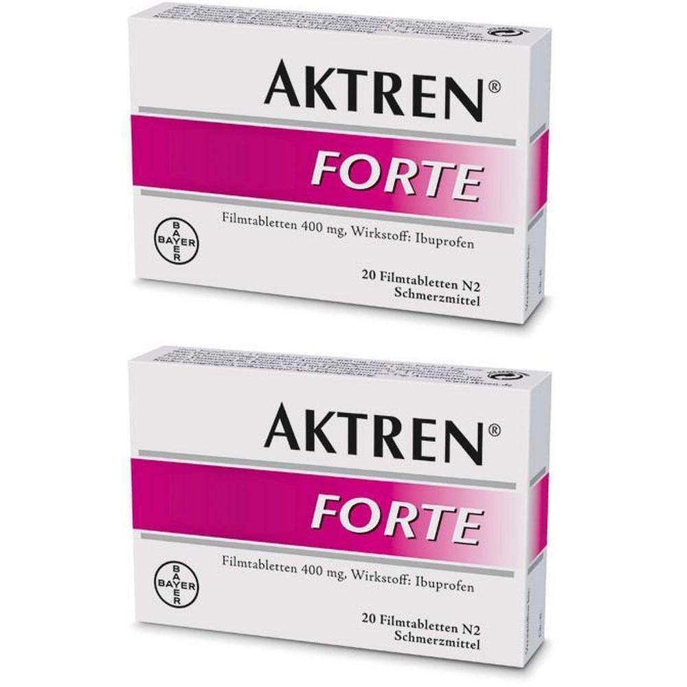 Zwei Packungen Aktren Forte Filmtabletten, 400 mg Ibuprofen, 20 Stück pro Packung.