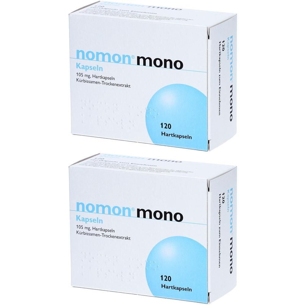 Zwei Packungen Nomon mono Kapseln, 120 Hartkapseln pro Packung.