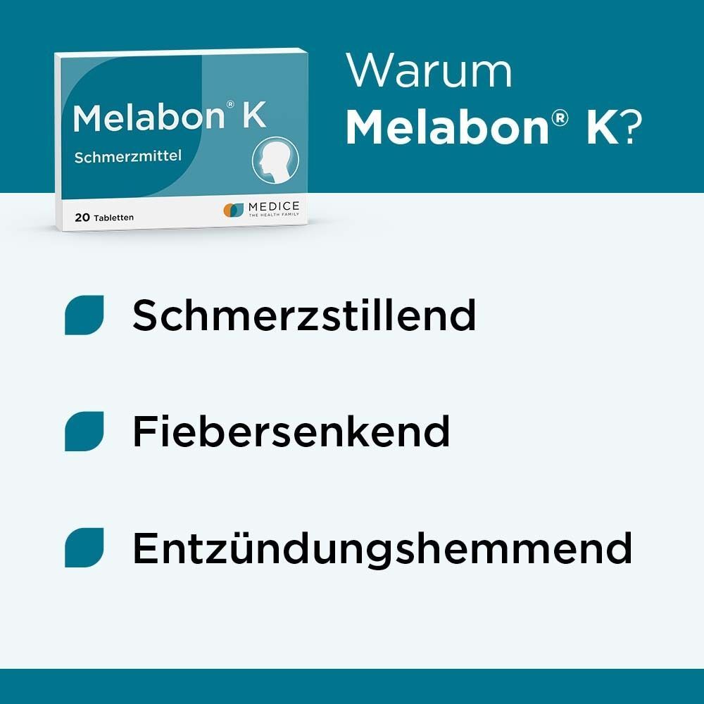 Melabon K Schmerzmittel: schmerzstillend, fiebersenkend, entzündungshemmend.