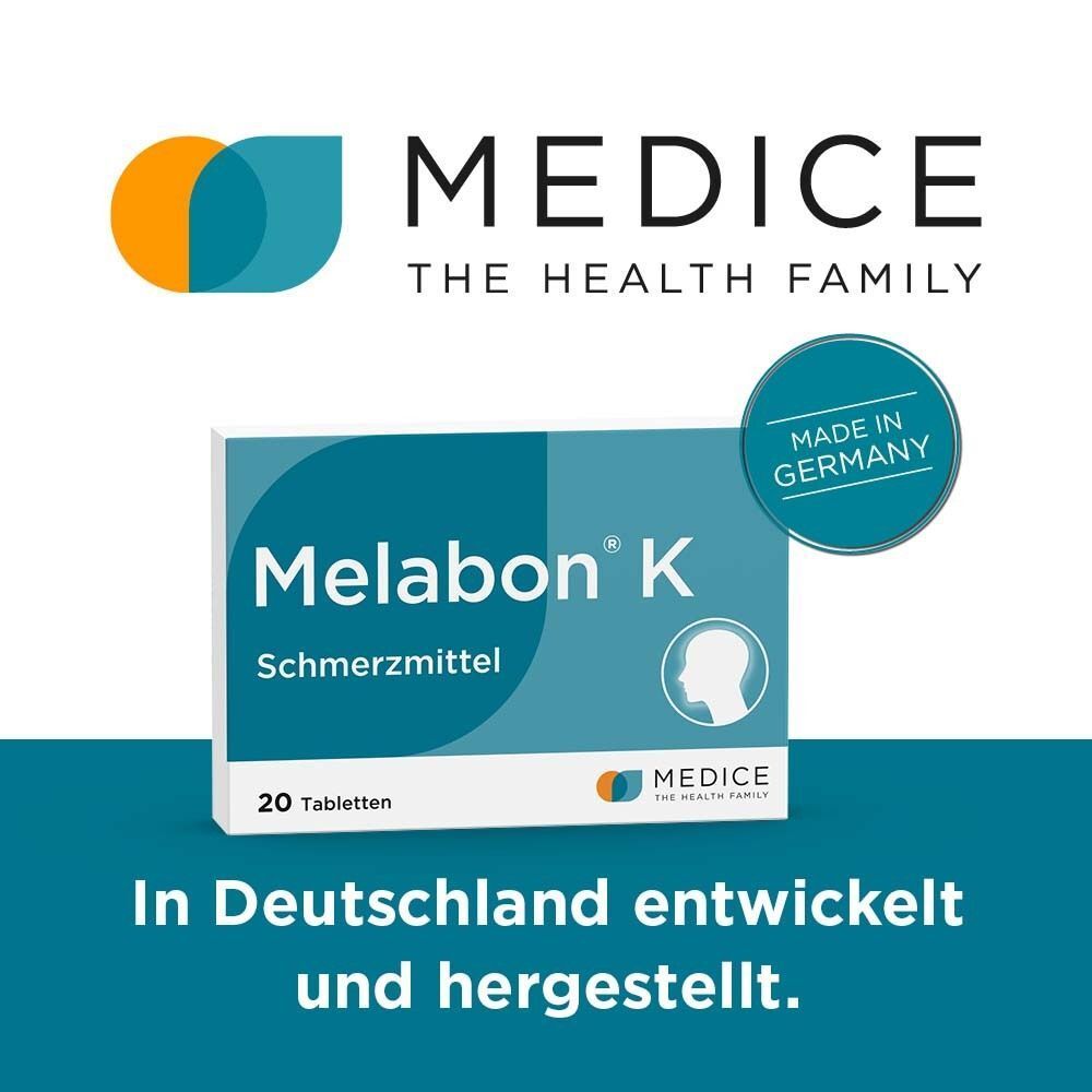 Melabon K Schmerzmittel Packung. Hergestellt in Deutschland.