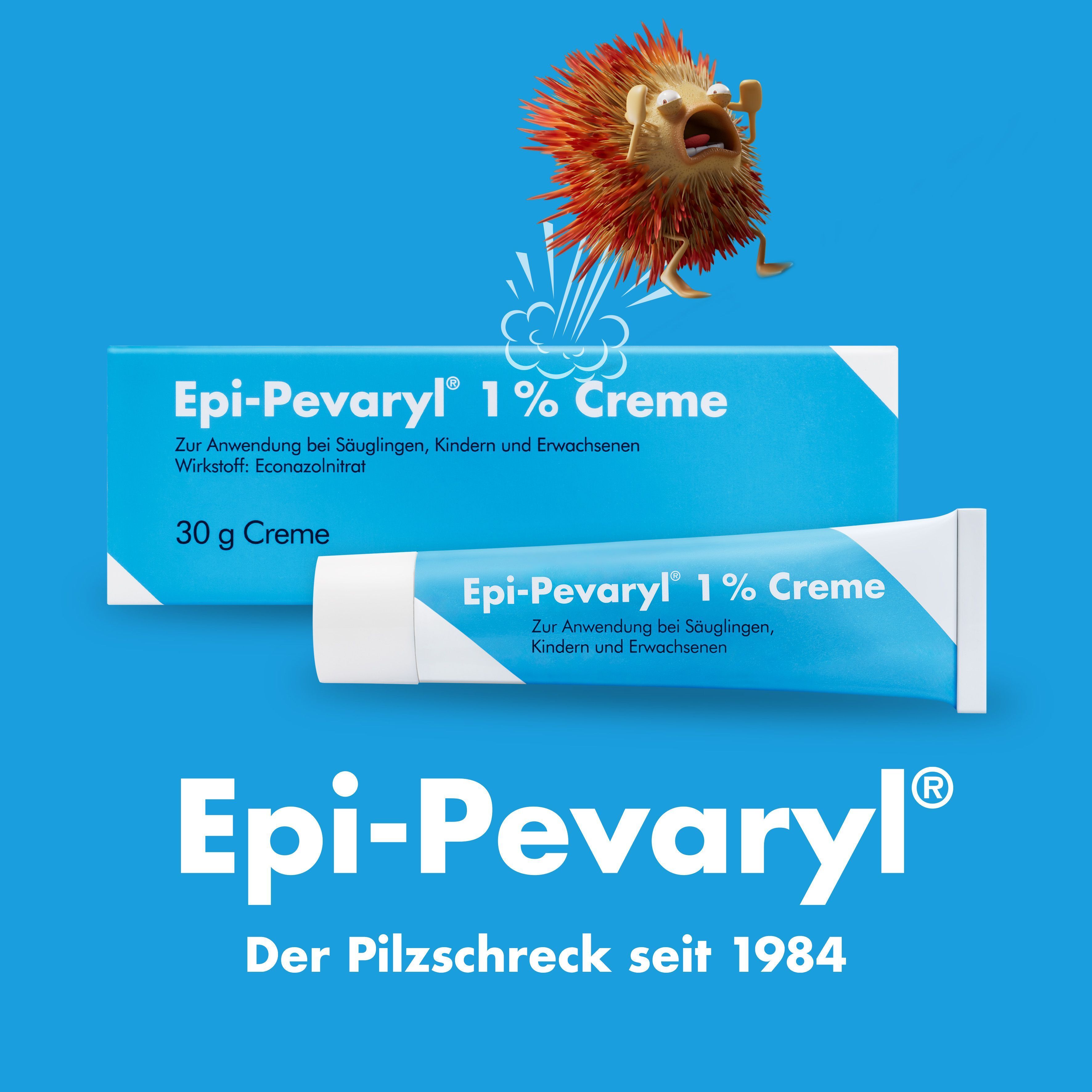 Epi-Pevaryl 1% Creme 30g Karton und Tube. Text 'Der Pilzschreck seit 1984'.