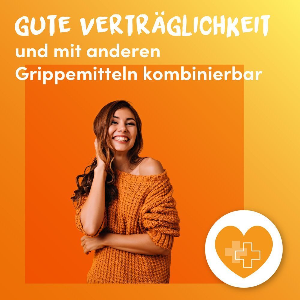 Lächelnde Frau im orangen Pullover. Icon: Herz mit Kreuz. Text: Gute Verträglichkeit und mit anderen Grippemitteln kombinierbar.