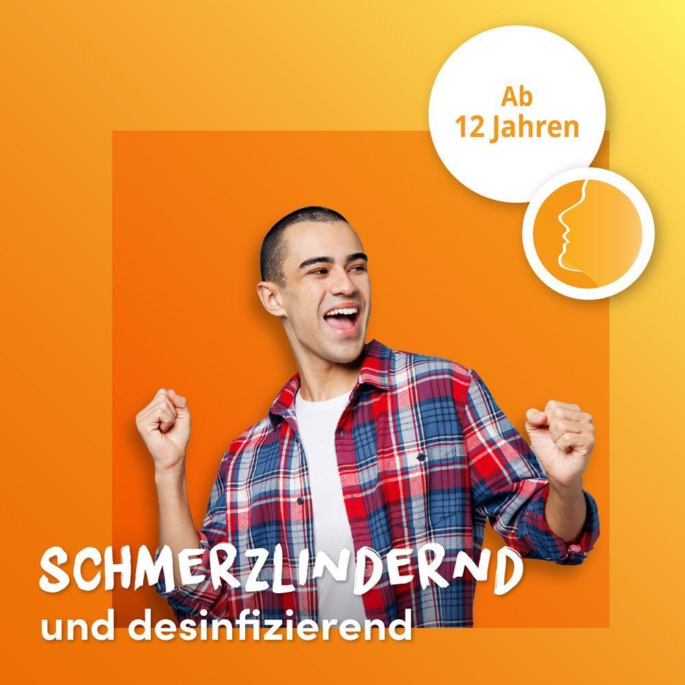 Jubelnder Mann im karierten Hemd. Icon: Kopf mit schmerzender Kehle. Text: Schmerzlindernd und desinfizierend.