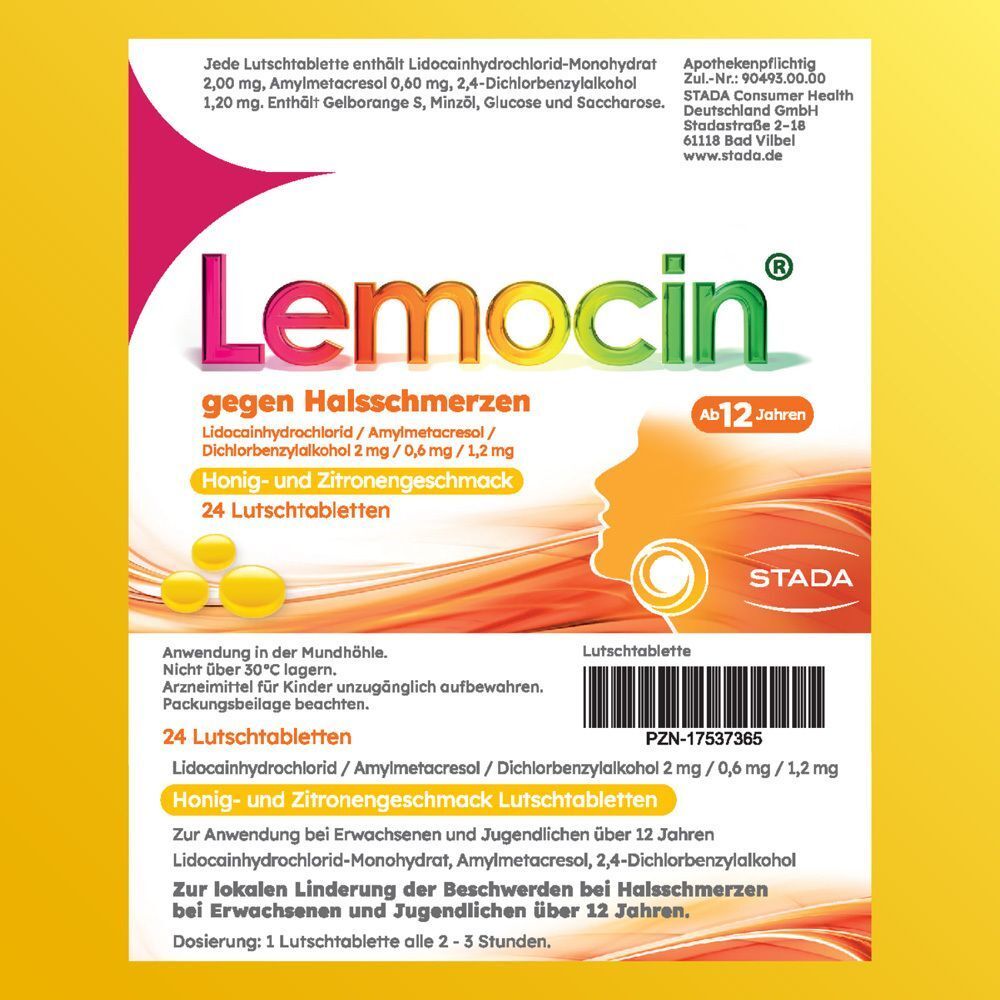 Packung Lemocin gegen Halsschmerzen, Honig-Zitrone, 24 Lutschtabletten. Mit STADA Logo.