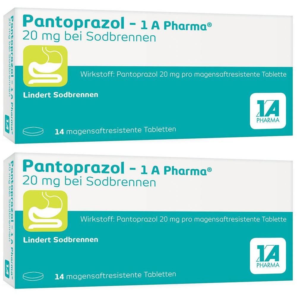 Zwei Packungen Pantoprazol - 1 A Pharma® 20 mg bei Sodbrennen, 14 magensaftresistente Tabletten.
