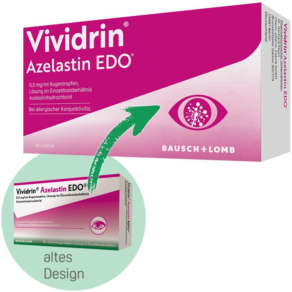 Vividrin Azelastin EDO Packung mit Hinweis auf altes Design, mit Pfeil und Detailansicht.