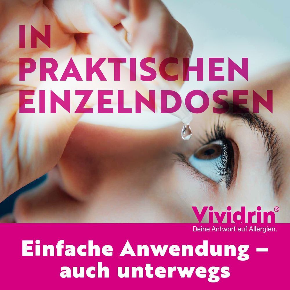 Auge erhält Vividrin Azelastin EDO Einzeldosis-Tropfen. Text: In praktischen Einzeldosen. Einfache Anwendung unterwegs.