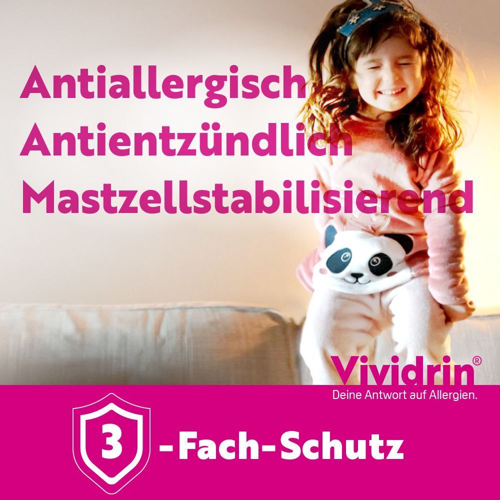 Kind mit Panda-Kissen, Text: Antiallergisch, Antientzündlich, Mastzellstabilisierend. 3-Fach-Schutz.