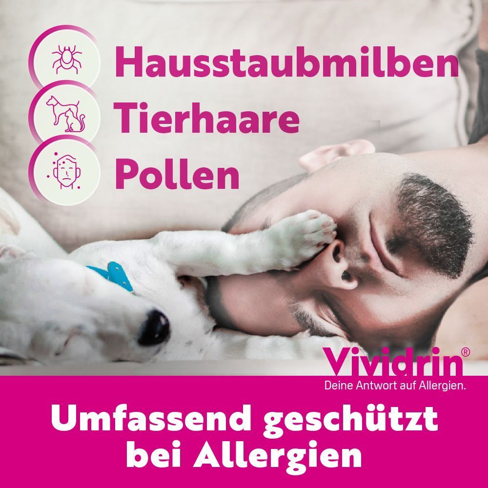 Mann mit Hund, Text: Hausstaubmilben, Tierhaare, Pollen. Umfassend geschützt bei Allergien.
