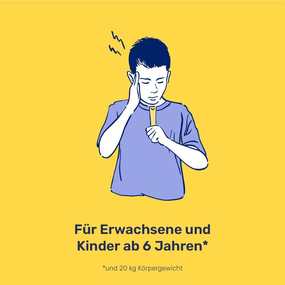 Illustration eines Jungen mit Kopfschmerzen, der einen Beutel Ibubeta® hält. Text: Für Erwachsene und Kinder ab 6 Jahren.