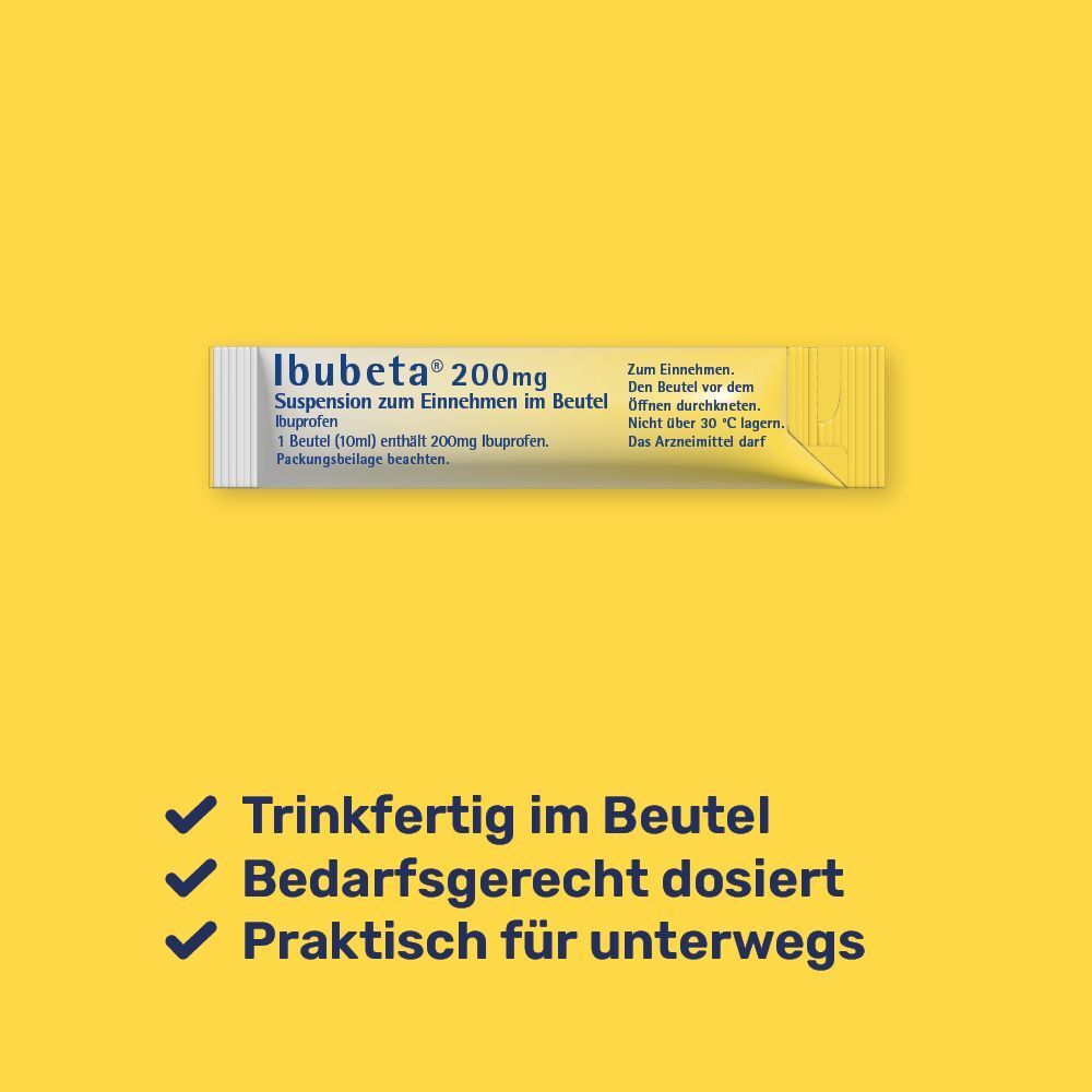 Ein Beutel Ibubeta® 200mg Suspension. Text: Trinkfertig im Beutel, bedarfsgerecht dosiert, praktisch für unterwegs.