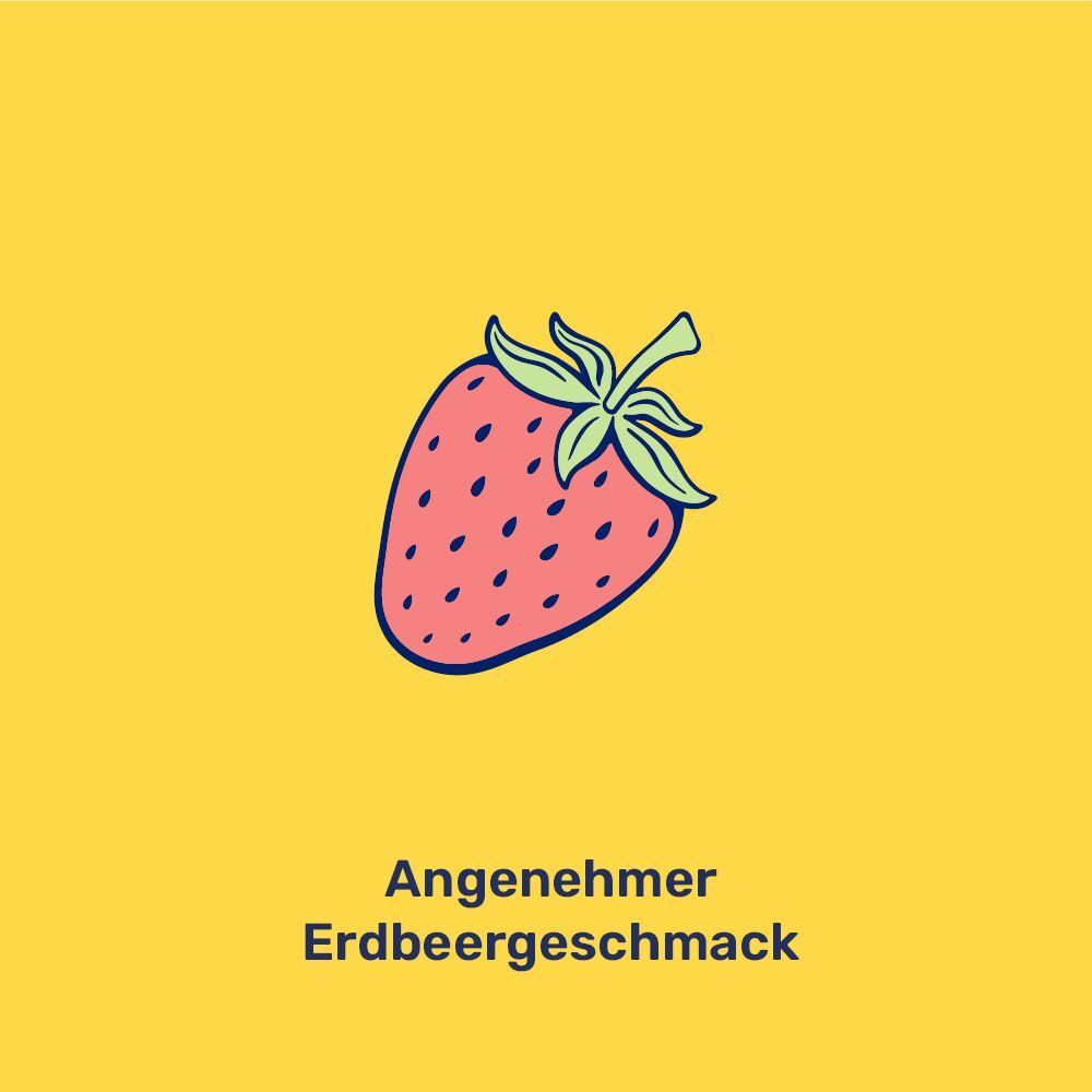 Illustration einer Erdbeere. Text: Angenehmer Erdbeergeschmack.