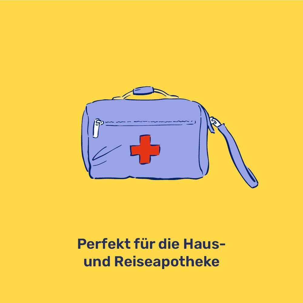 Illustration einer blauen Arzttasche mit rotem Kreuz. Text: Perfekt für die Haus- und Reiseapotheke.