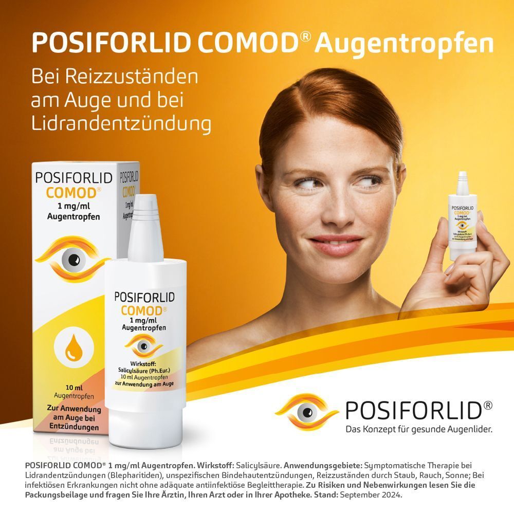 Frau mit POSIFORLID COMOD® Augentropfen 10 ml und Faltschachtel.