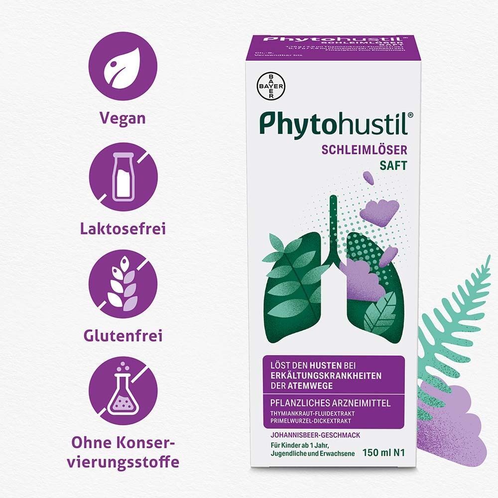 Phytohustil® Schleimlöser Saft Packung mit Icons für Vegan, Laktosefrei, Glutenfrei, Ohne Konservierungsstoffe.