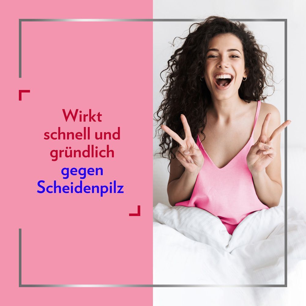 Frau lacht und zeigt Friedenszeichen, mit Text über schnelle und gründliche Wirkung gegen Scheidenpilz.