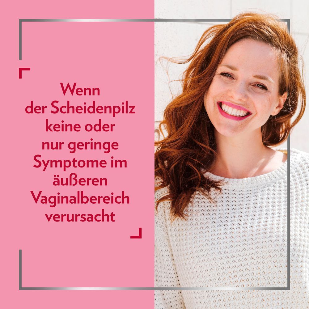 Frau lächelt, mit Text über Anwendung bei geringen Symptomen im äußeren Vaginalbereich.