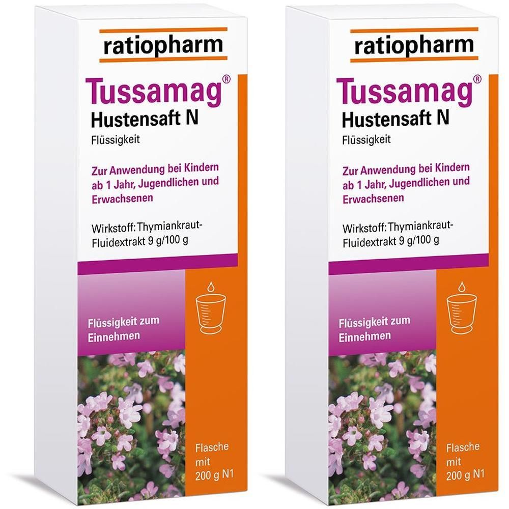 Zwei Packungen Tussamag Hustensaft N mit Thymianextrakt. Flüssigkeit zum Einnehmen.