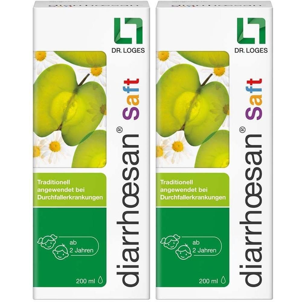 Zwei Packungen Diarrhoesan® Saft mit grünen Äpfeln und Gänseblümchen.