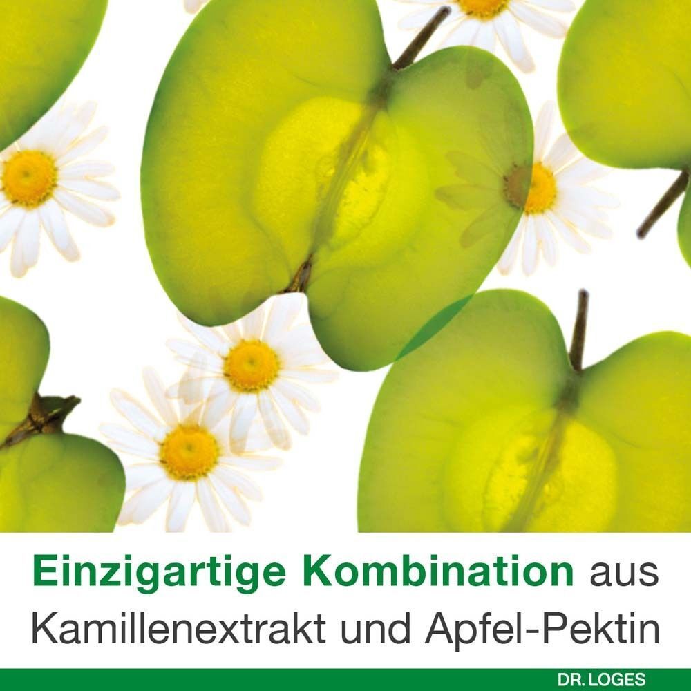 Nahaufnahme von grünen Äpfeln und Gänseblümchen, die Inhaltsstoffe von Diarrhoesan® Saft.