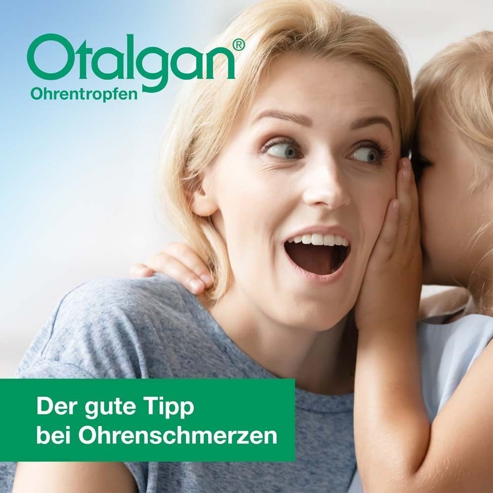 Frau und Kind mit Otalgan Ohrentropfen-Logo. Kind flüstert der Frau ins Ohr.