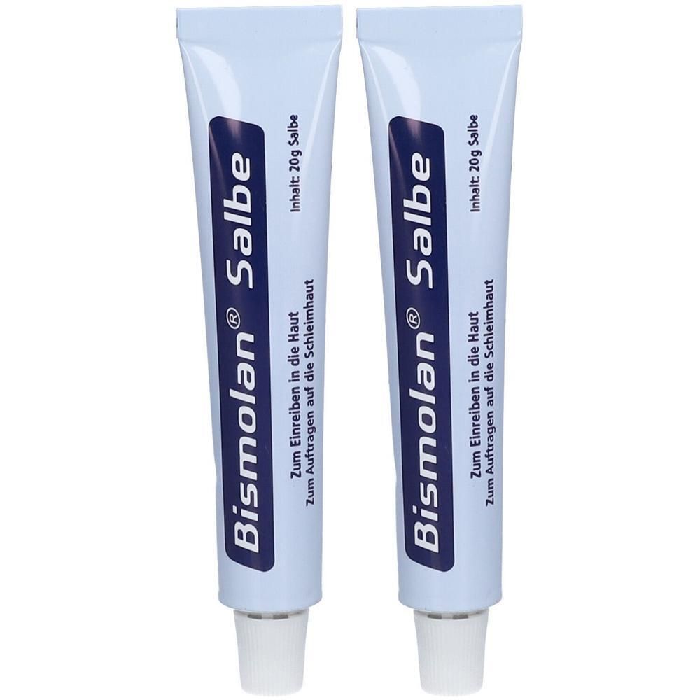 Zwei Tuben Salbe. Blaue Schrift auf weißem Hintergrund. Aufschrift: Bismolan® Salbe. Inhalt: 20g Salbe. Zum Einreiben auf die Haut.
