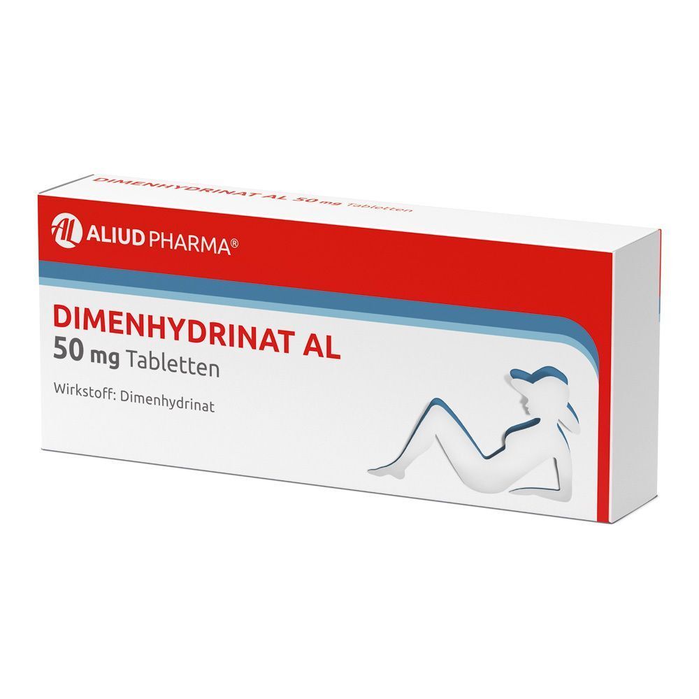 Eine Packung DIMENHYDRINAT AL 50 mg Tabletten. Roter und weißer Karton mit blauer und weißer Schrift und einem stilisierten Frauenprofil.
