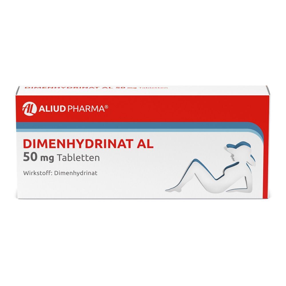 Eine Packung DIMENHYDRINAT AL 50 mg Tabletten. Roter und weißer Karton mit blauer und weißer Schrift und einem stilisierten Frauenprofil.