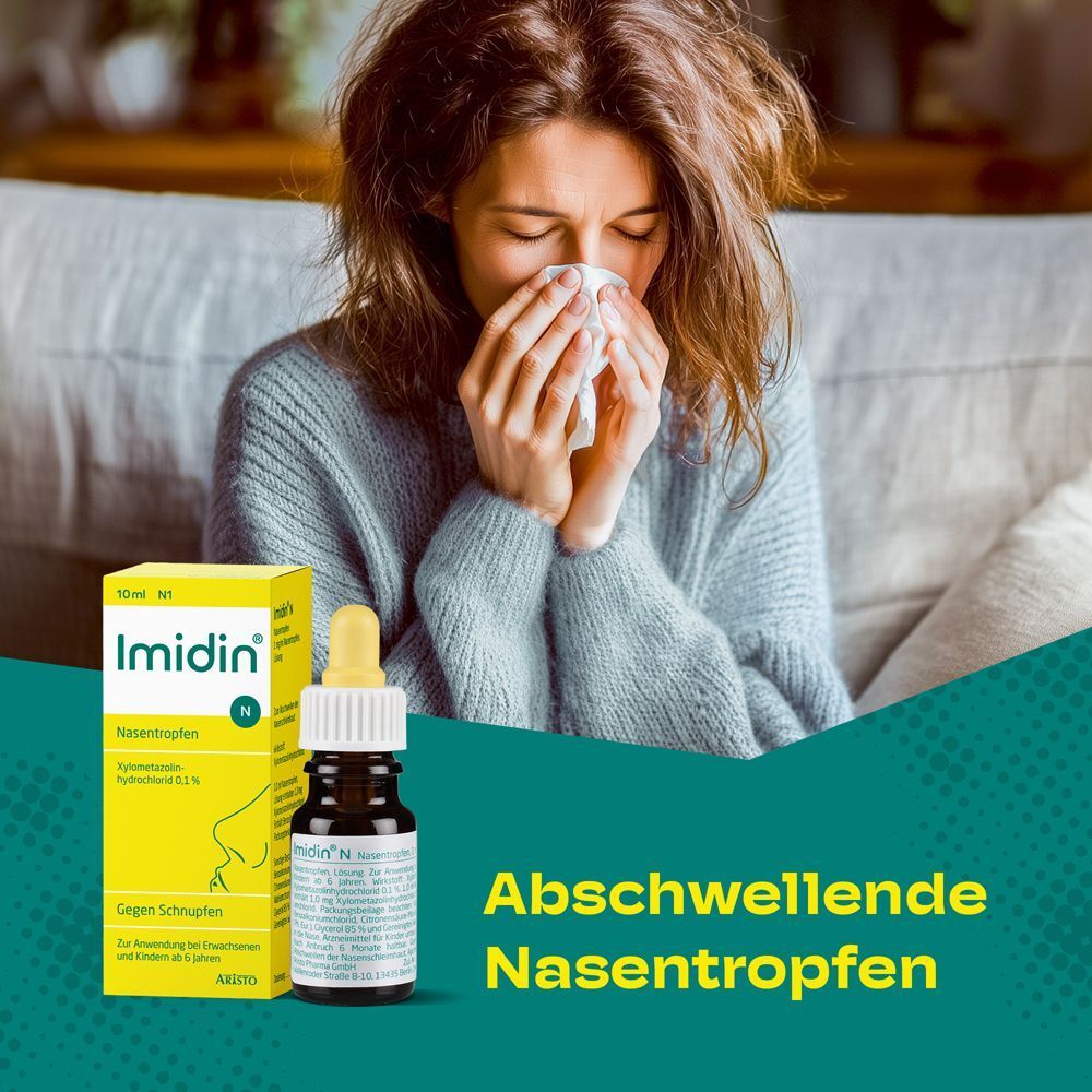 Frau mit Taschentuch vor der Nase neben einer Packung Imidin® N Nasentropfen. Gelber Karton mit Nasenprofil-Grafik.