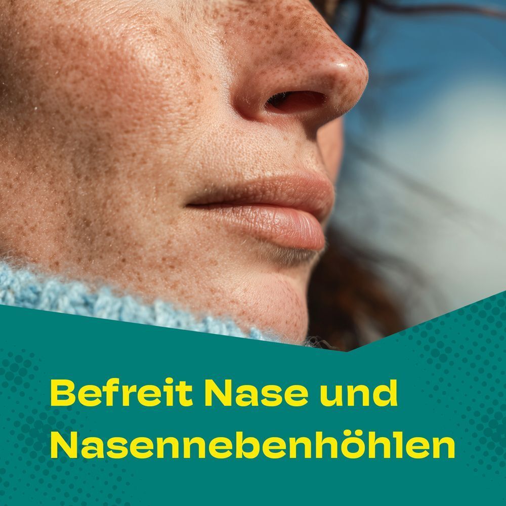 Nahaufnahme einer weiblichen Nase, die freies Atmen symbolisiert. Imidin® N Nasentropfen.