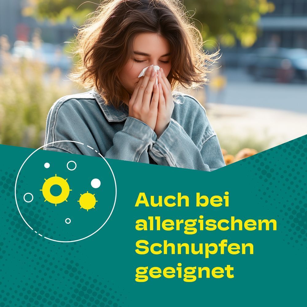 Frau mit Taschentuch vor der Nase neben einer Grafik mit Allergen-Symbolen. Imidin® N.