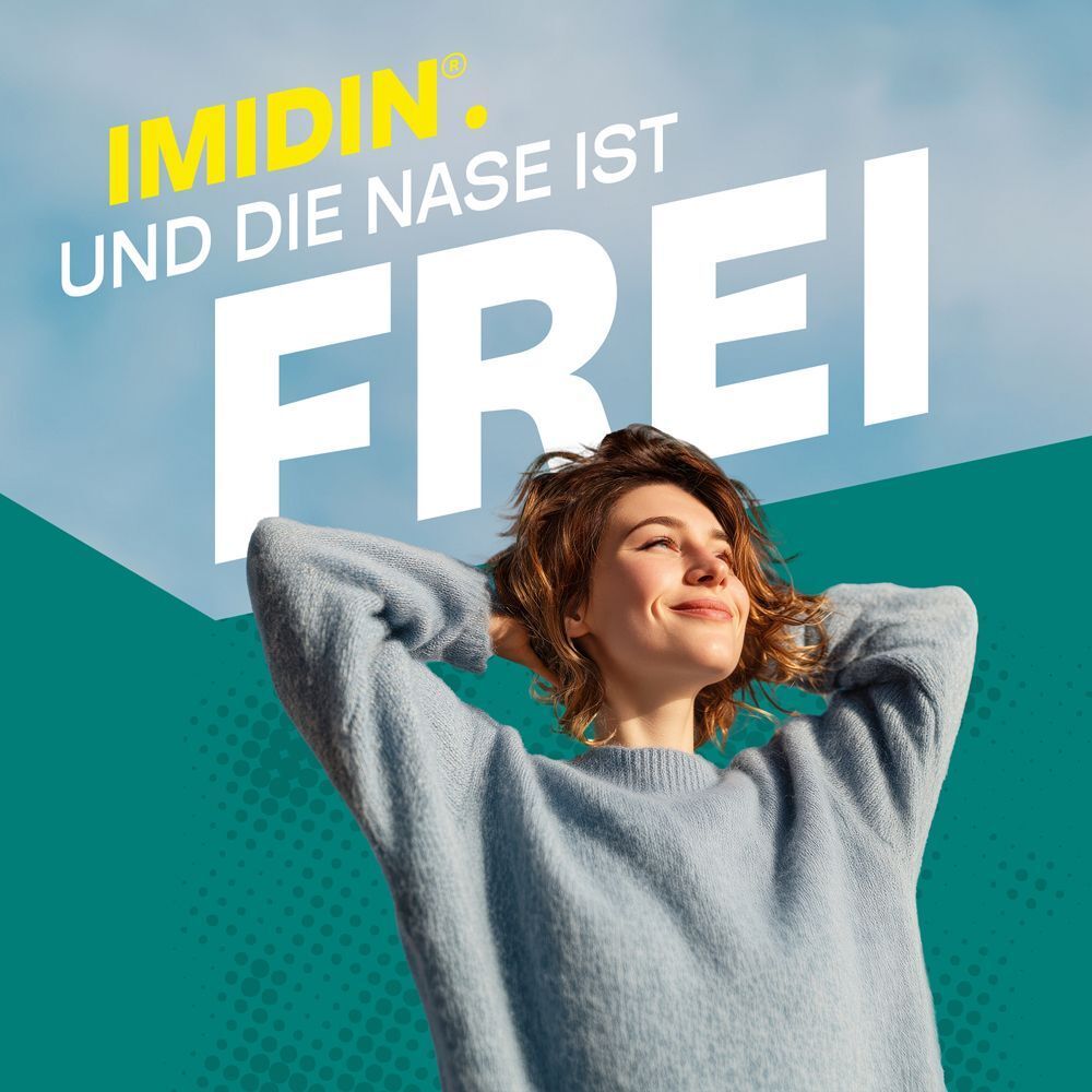Lächelnde Frau mit freien Atemwegen unter blauem Himmel. Imidin® N: Und die Nase ist frei.