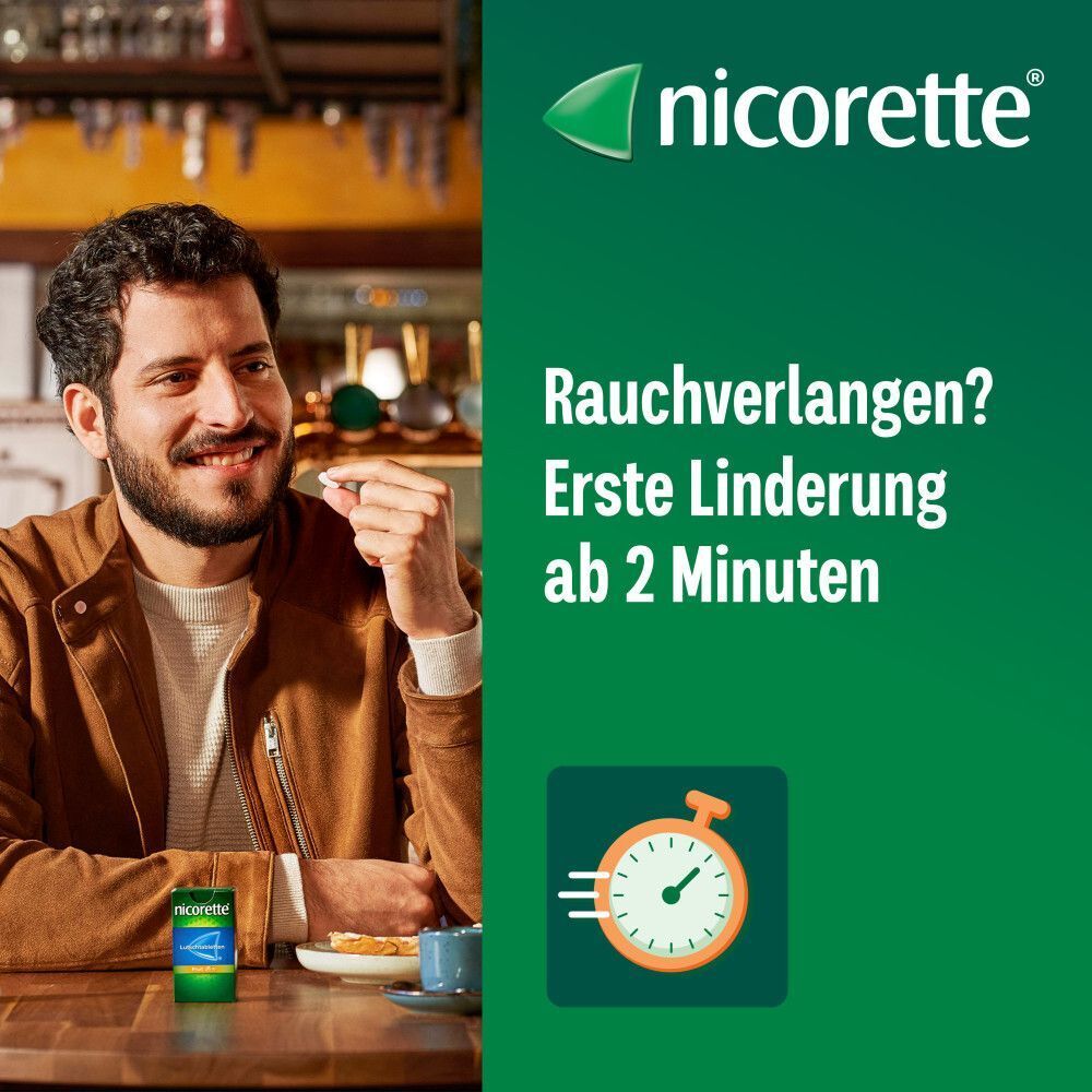 Mann nimmt eine Nicorette Lutschtablette. "Rauchverlangen? Erste Linderung ab 2 Minuten."
