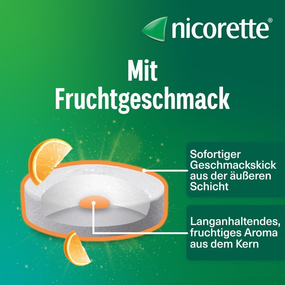 Schnittdarstellung einer Nicorette Lutschtablette mit Fruchtgeschmack.